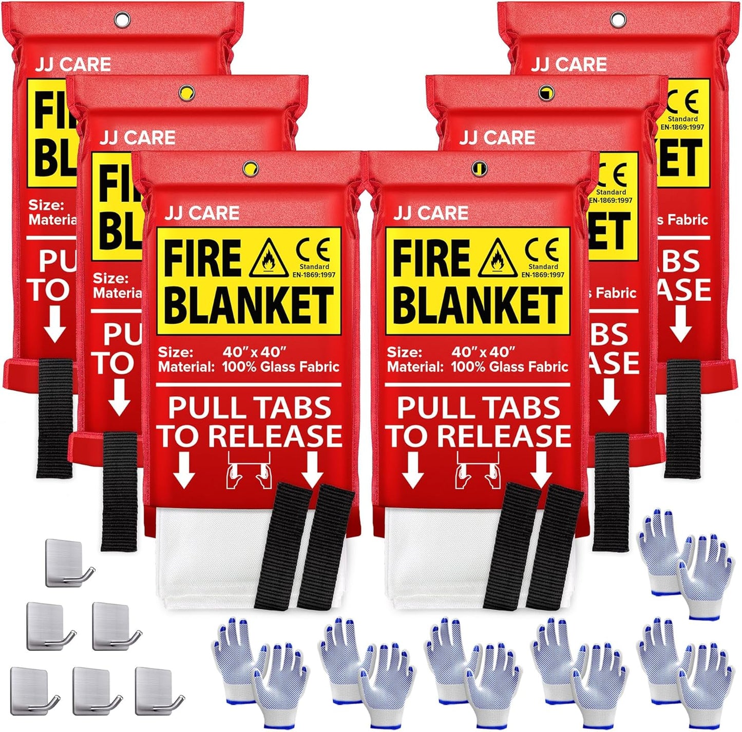 JJ CARE Fire Blanket – 6 Packs with Hooks and Gloves – Emergency Fire Blanket for Home & Kitchen, High Heat Resistant Fire Suppression Blankets for Home Safety, Kitchen, and Camping