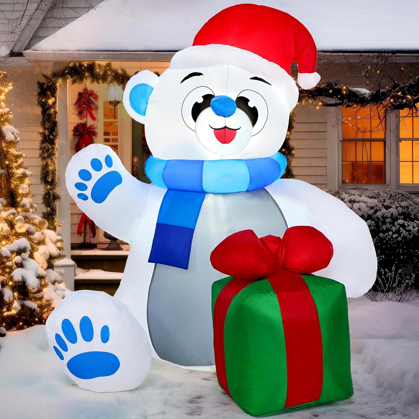 Joiedomi 4 ft Christmas Inflatable Polar Bear with Gift Decoration, Blow Up Polar Bear with Build-in LEDs for Xmas Yard Decoration Holiday Indoor Outdoor Garden Lawn Party Favor Holiday Supplies Décor