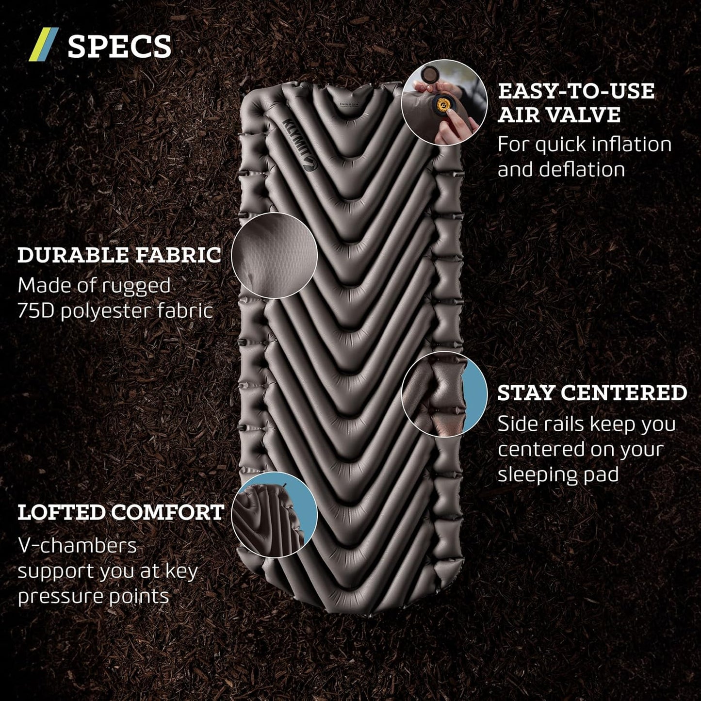 Klymit Static V Luxe Sleeping Pad, Lightweight Lofted Camping Air Mattress for Tents and Cars with Body Mapping Tech, 3 In Thick Grey