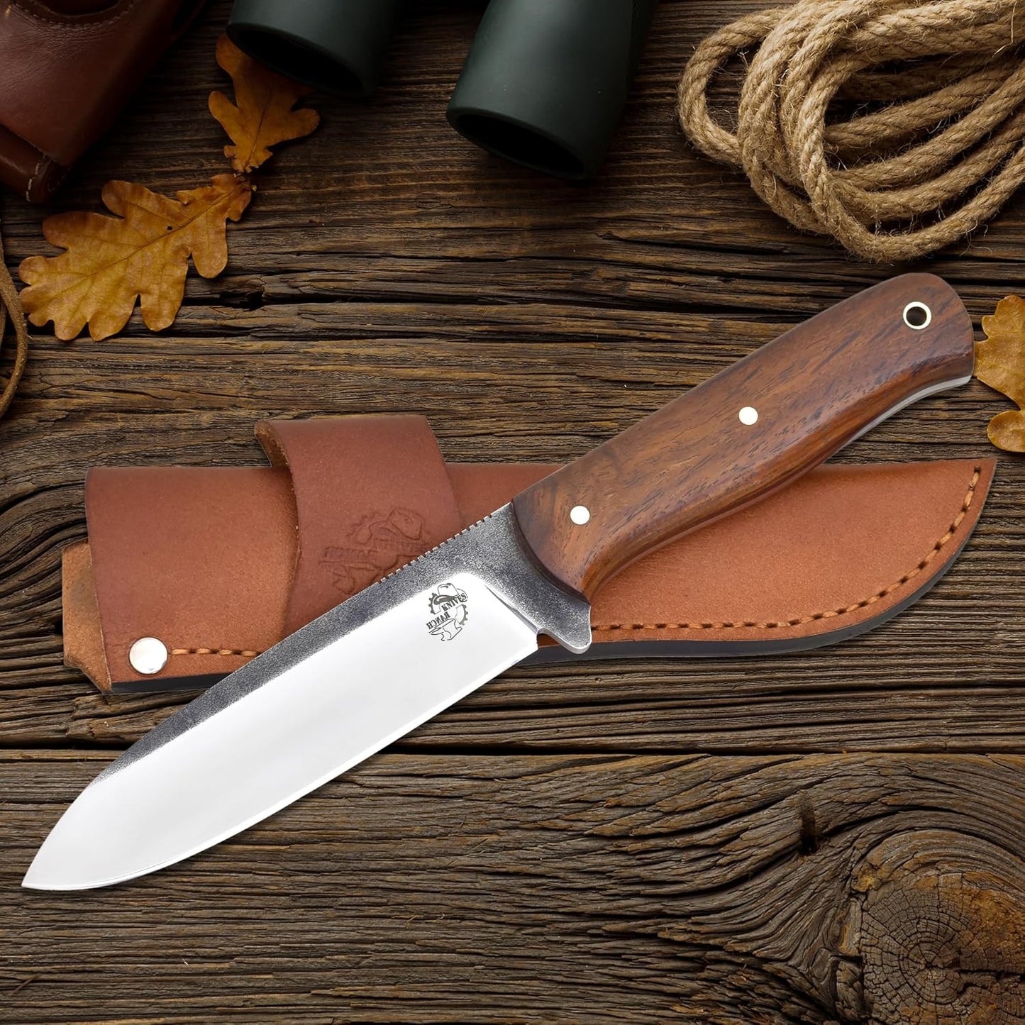 Knives Ranch 10" Bushcraft Knife - Full Tang - 59 Hardness - High Carbon SS 440C - Genuine Leather Sheath - Horizontal/Vertical Carry (Camper Pro 3091-SS-IRW)