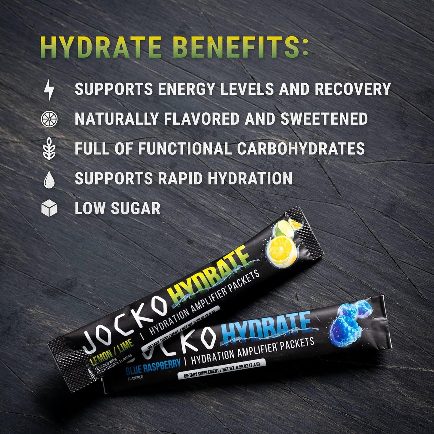 Jocko Fuel Packets Low Sugar - Hydration Amplifier Packets for Recovery, Dehydration, & Exercise - with Vitamins B6, B12 & C (16 Packets) Lemon Lime