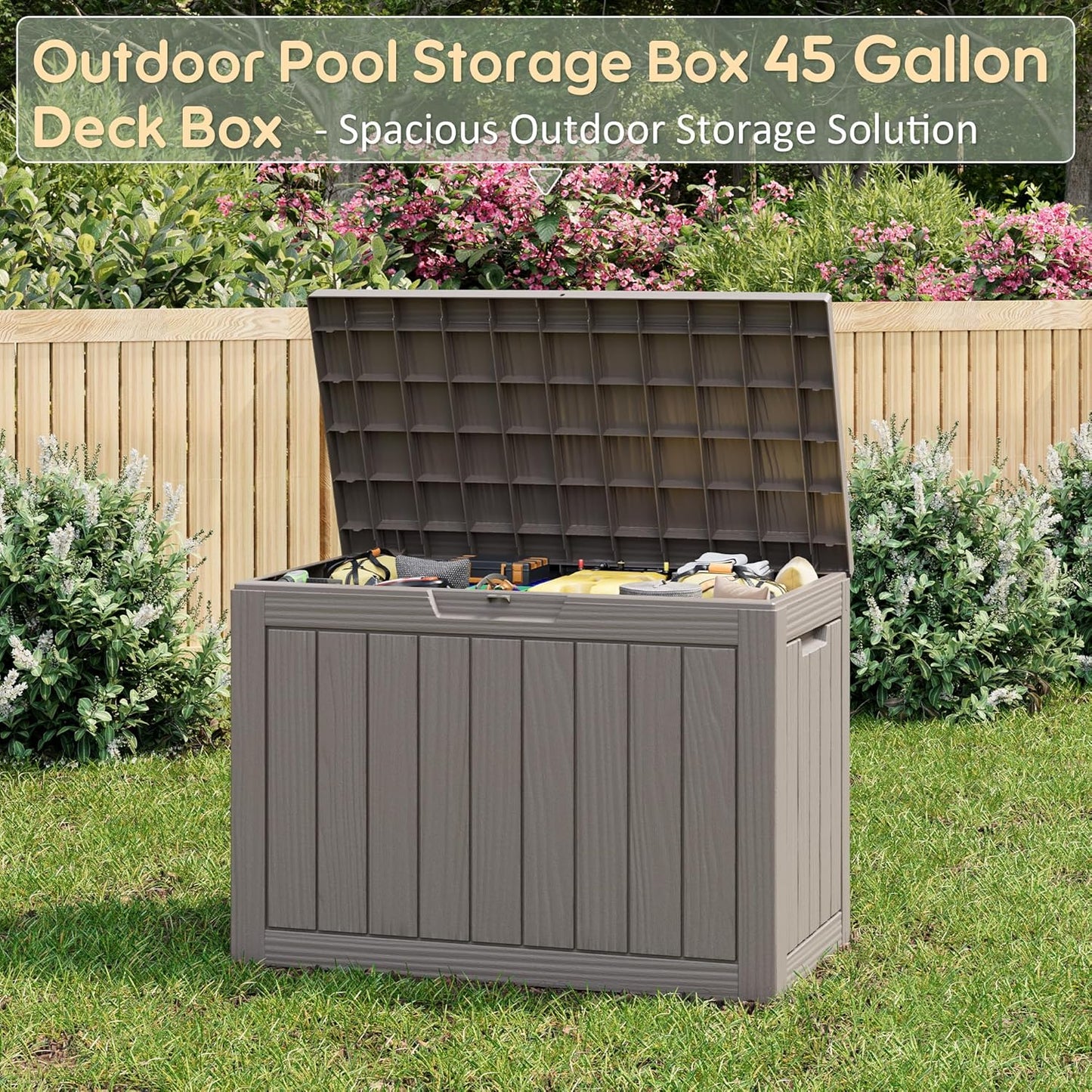 KAMABOKO 45 Gallon Outdoor Storage Box, All-Weather Deck Box for Patio Furniture, Package Deliveries, Garden Tools, Pool Supplies & Cushions, Grey