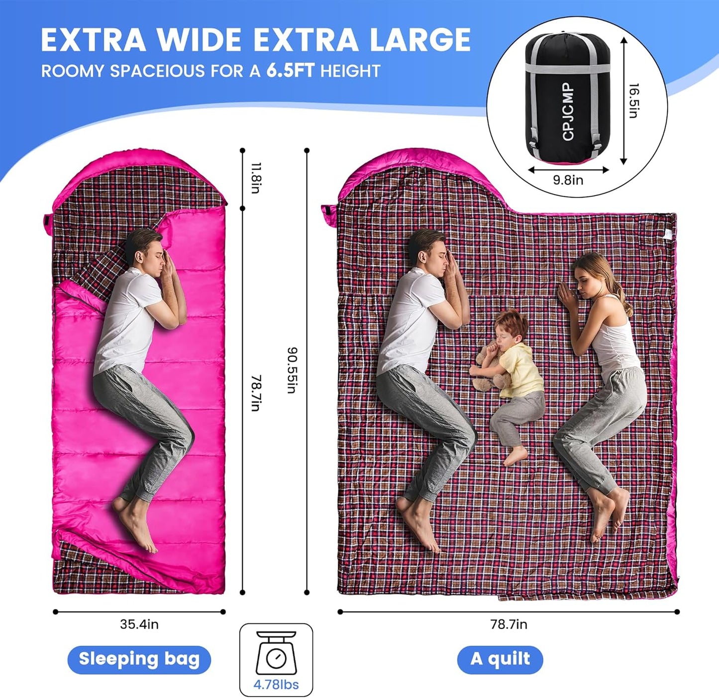 0 Degree Sleeping Bag for Cold Weather,100% Cotton Flannel XXL for Adults Big and Tall Cold Weather Winter Zero Degree Camping,Free Compression Sack