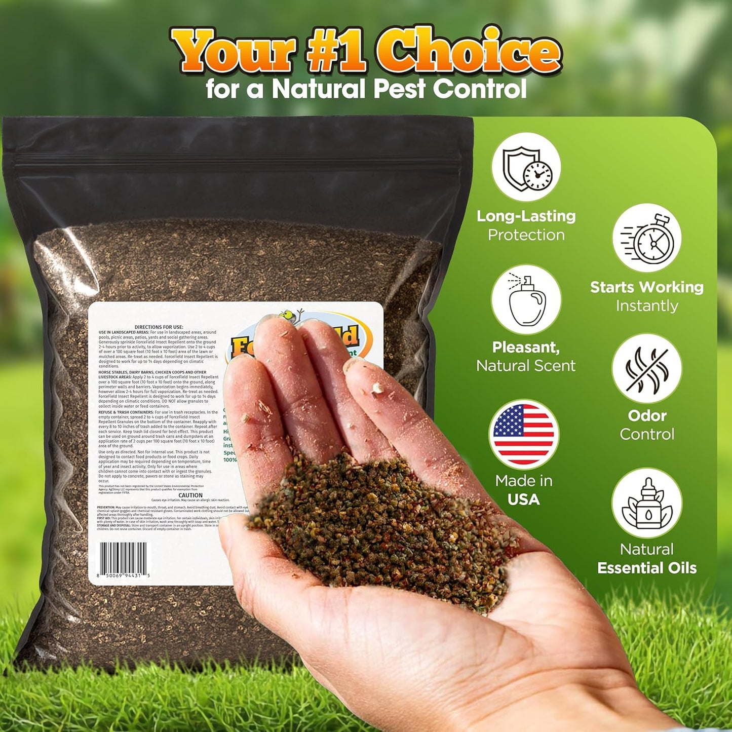 ForceField Natural Flea, Tick, Mosquito Yard Treatment - Repellent Granules for Backyard Mosquito Control | Pet Safe, DEET-Free Outdoor Control | Long-Lasting Barrier for Lawns, Patios, & Barns 8 LB