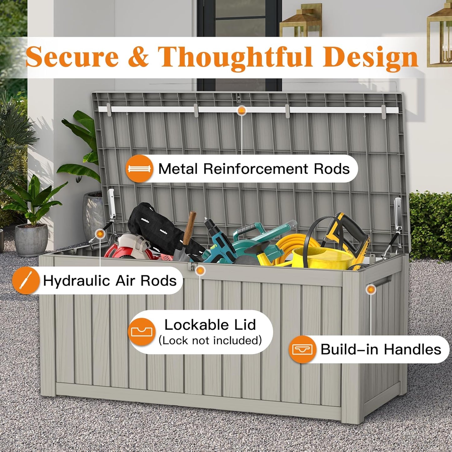 119 Gallon Outdoor Storage Box, Waterproof Deck Box with Handles and Lockable Lid, Resin Patio Storage Box with Hydraulic Rods for Garden Tools, Cushions, Grey