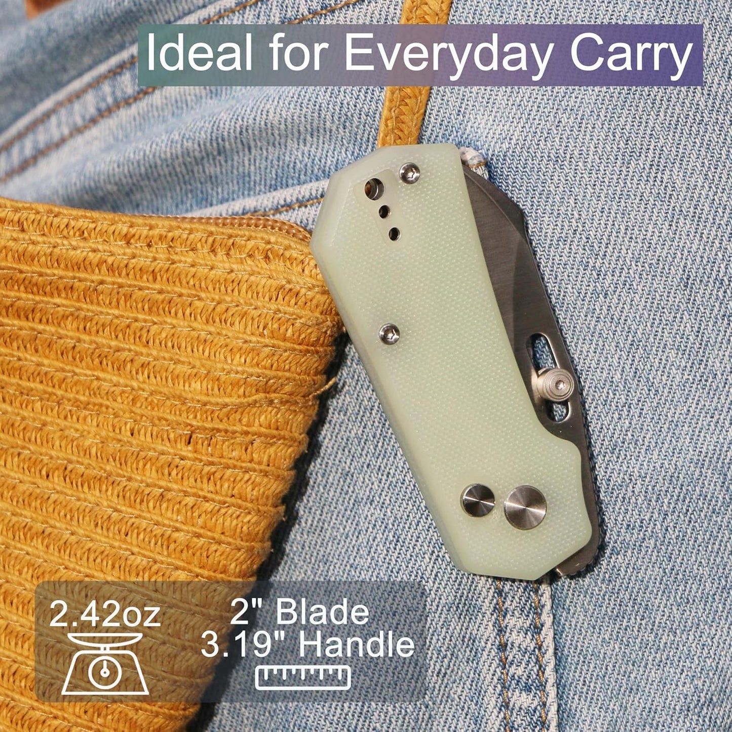 JIN Rhino Small Pocket Knife for Men, Button Lock EDC, Folding Knife Kit, 2" 9Cr18Mov Satin Blade, Jade G10 Handle, Gift for Men Women, Razor Sharp Camping Knives