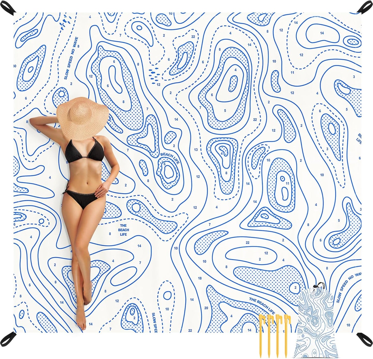 110''×118'' Oversized Beach Blanket for 4-8 Adults, White Waterproof Sandproof Picnic Blanket, Lightweight Foldable Sand Free Outdoor Mat w/ 4 Stakes & Portable Carry Bag for Travel, Camping, Hiking