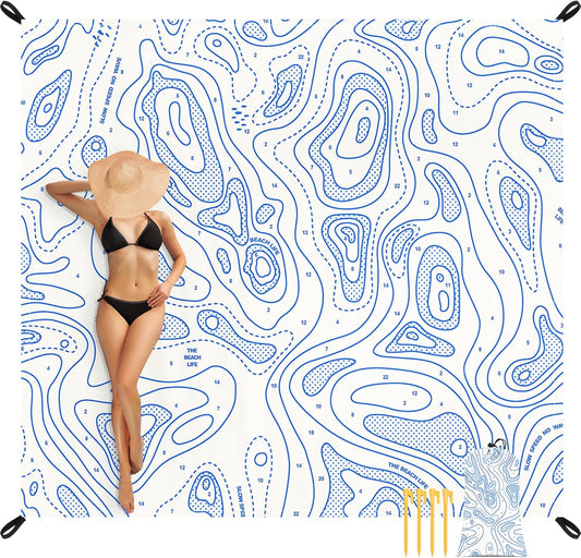 110''×118'' Oversized Beach Blanket for 4-8 Adults, White Waterproof Sandproof Picnic Blanket, Lightweight Foldable Sand Free Outdoor Mat w/ 4 Stakes & Portable Carry Bag for Travel, Camping, Hiking
