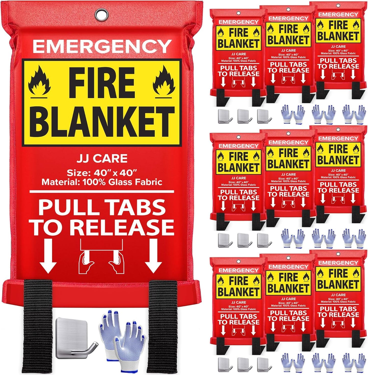 JJ CARE Fire Blanket – 10 Packs with Hooks and Gloves – Emergency Fire Blanket for Home & Kitchen, High Heat Resistant Fire Suppression Blankets for Home Safety, Kitchen, and Camping
