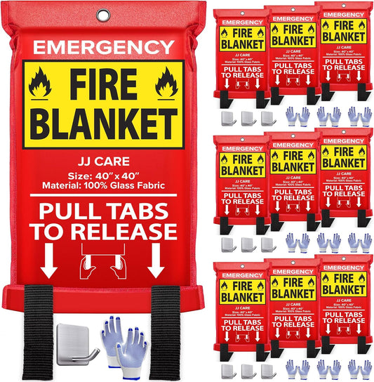 JJ CARE Fire Blanket – 10 Packs with Hooks and Gloves – Emergency Fire Blanket for Home & Kitchen, High Heat Resistant Fire Suppression Blankets for Home Safety, Kitchen, and Camping