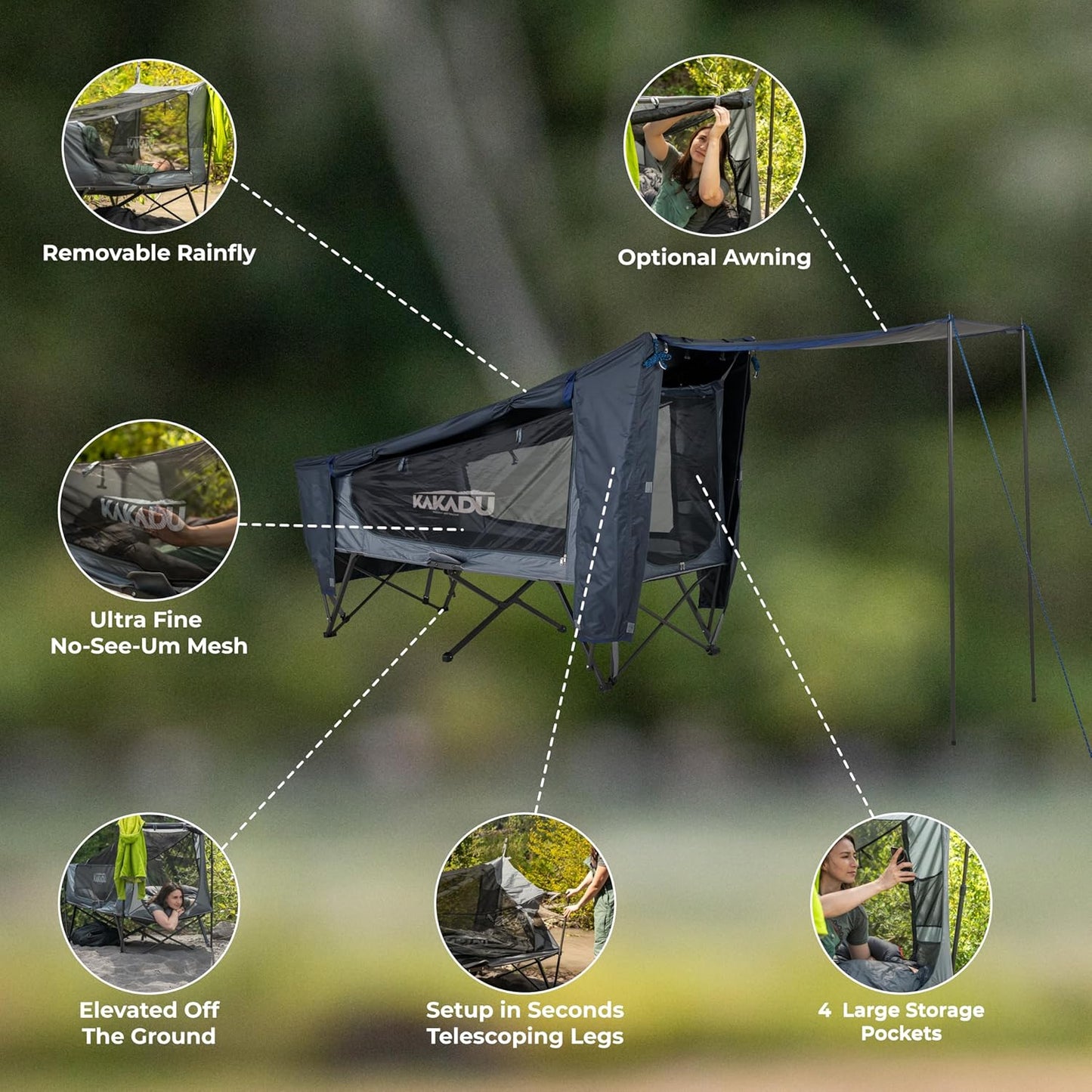 Kakadu Camping Tent Cot, 1 Person, 1 Minute Easy Setup, Folding, Compact, Elevated Tent with BlockOut Rain Fly, Awning Poles, Ultra-Fine Mesh Windows, and Carry Bag