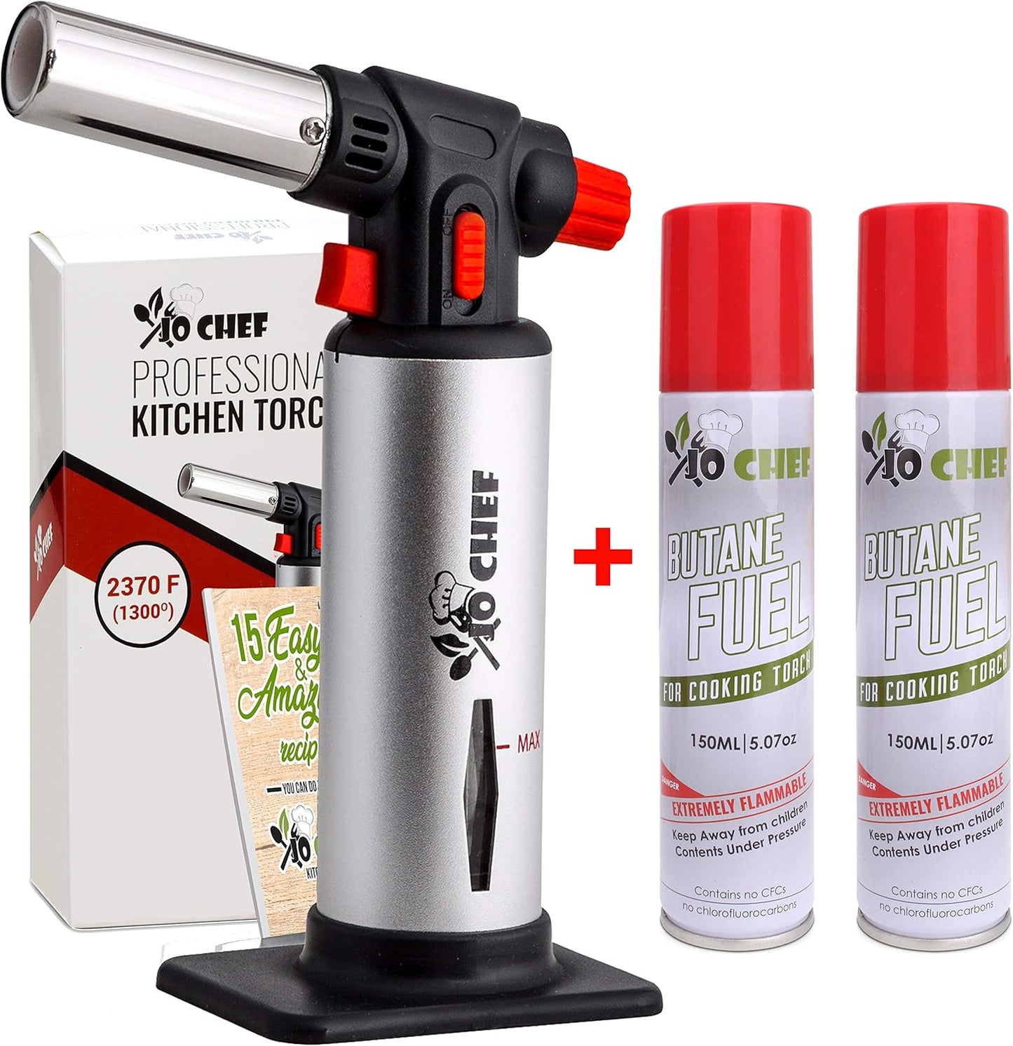 Jo Chef Kitchen Torch with Butane Included – Refillable Lighter with Safety Lock & Adjustable Flame, Blow Culinary Torch for Cooking, BBQ, Creme Brulee, DIY and Soldering - 2 Cans (5.07oz) Included