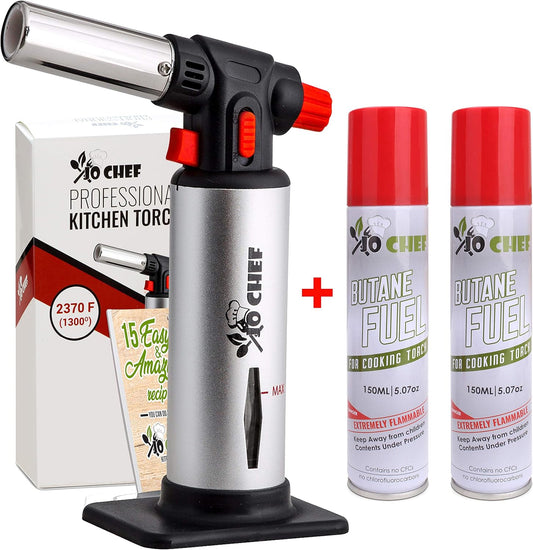 Jo Chef Kitchen Torch with Butane Included – Refillable Lighter with Safety Lock & Adjustable Flame, Blow Culinary Torch for Cooking, BBQ, Creme Brulee, DIY and Soldering - 2 Cans (5.07oz) Included