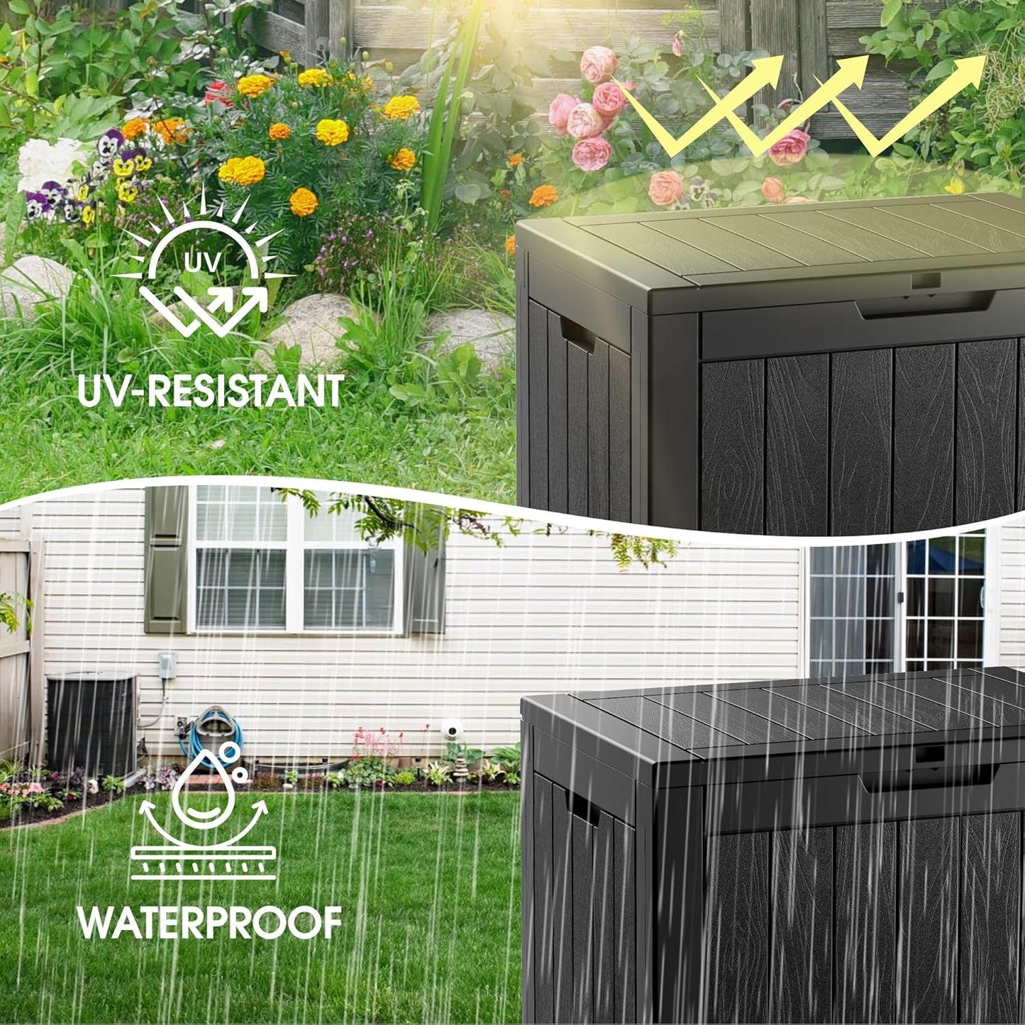 KAMABOKO Deck Box, 35 Gallon Resin Indoor and Outdoor Storage Boxes Waterproof for Garden Tools, Pool Accessories Storage Bench, Patio Furniture and Cushions with Lockable Lid, Black