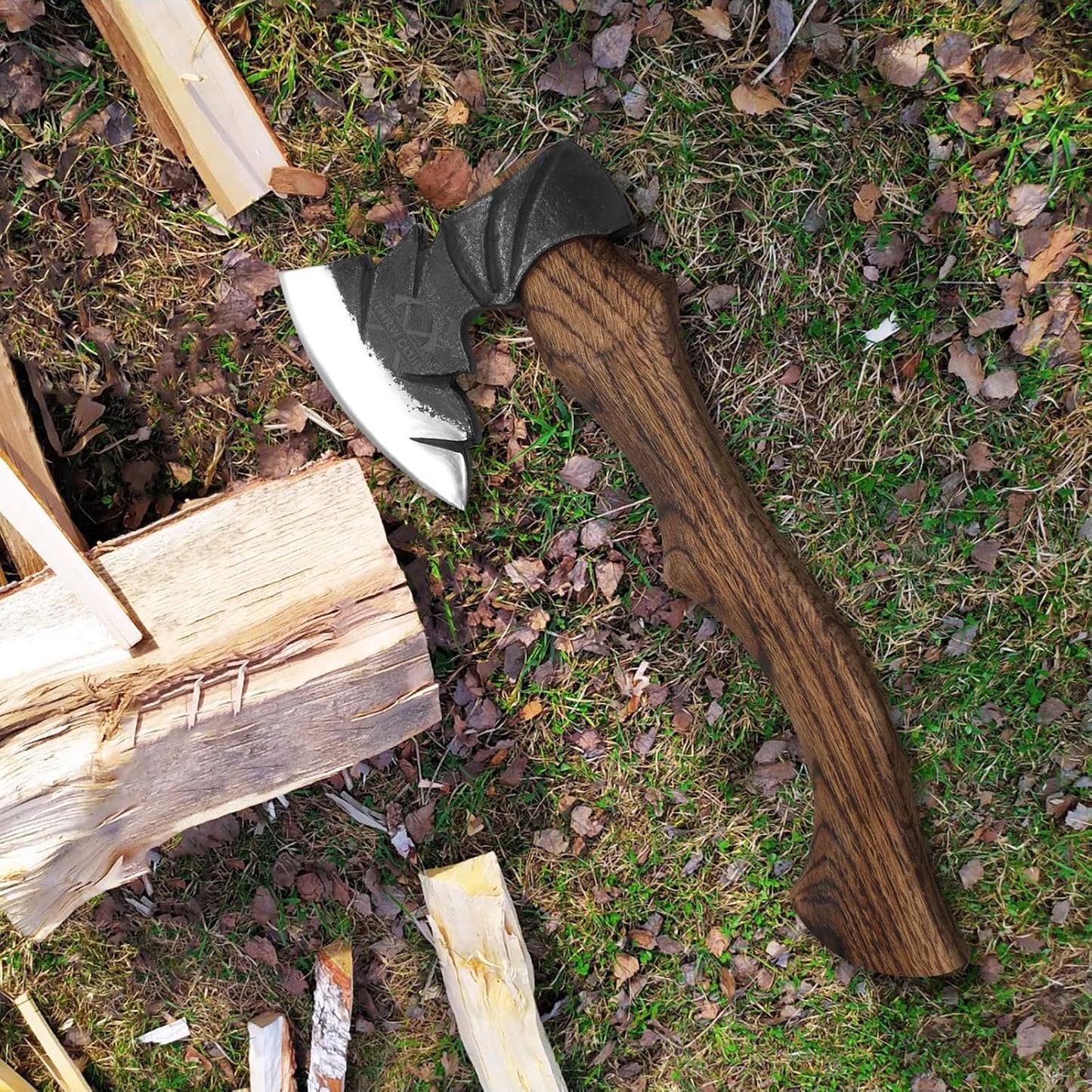 14.7" Hatchet, Camping Hatchets with 1065 Carbon Steel & Wooden Handle, Bushcraft Hatchet with Leather Sheath and Sharpener, Survival Axe for Wood Chopping, Cutting and Splitting