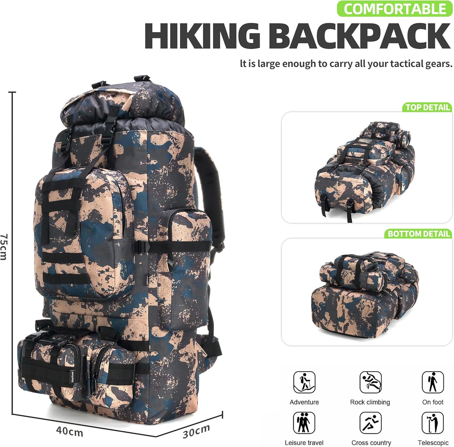 King'sGuard 100L Camping Hiking Backpack Molle Rucksack Military Camping Backpacking Daypack