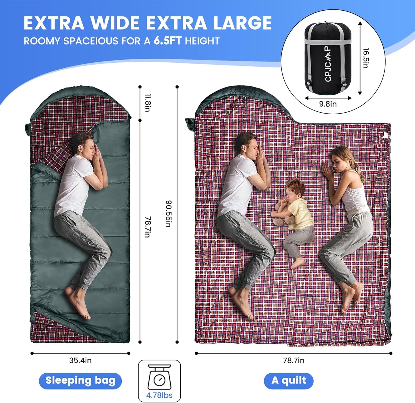 0 Degree Sleeping Bag for Cold Weather,100% Cotton Flannel XXL for Adults Big and Tall Cold Weather Winter Zero Degree Camping,Free Compression Sack