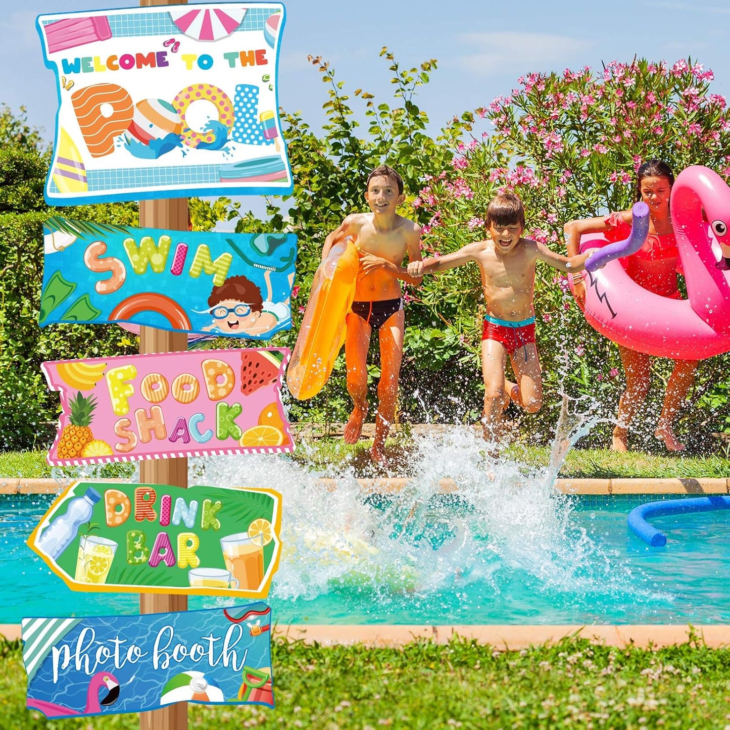Jetec 20 Pieces Pool Party Sign Splash Party Decorations Hawaiian Luau Yard Signs Tropical Summer Birthday Supplies Photo Props Backdrop Decoration Splish Splash Birthday Cutouts Beach Decor