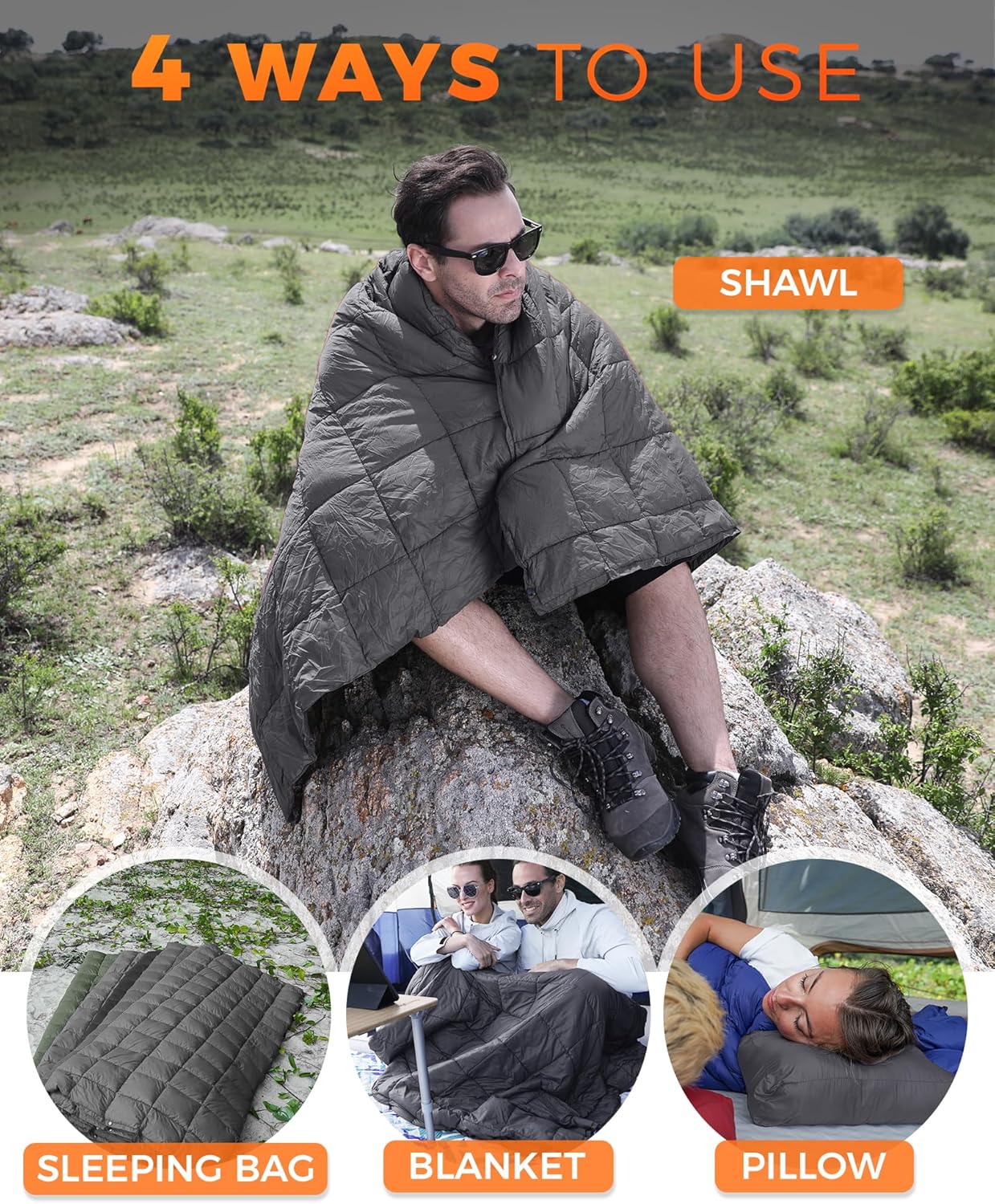 KingCamp Ultralight Camping Blanket, Packable Down Alternative Puffy Wearable Blankets Weatherproof Warm Package Quilt with Snap Buttons for Outdoor Hiking Travel Picnic Stadium (69" x 53", Charcoal)