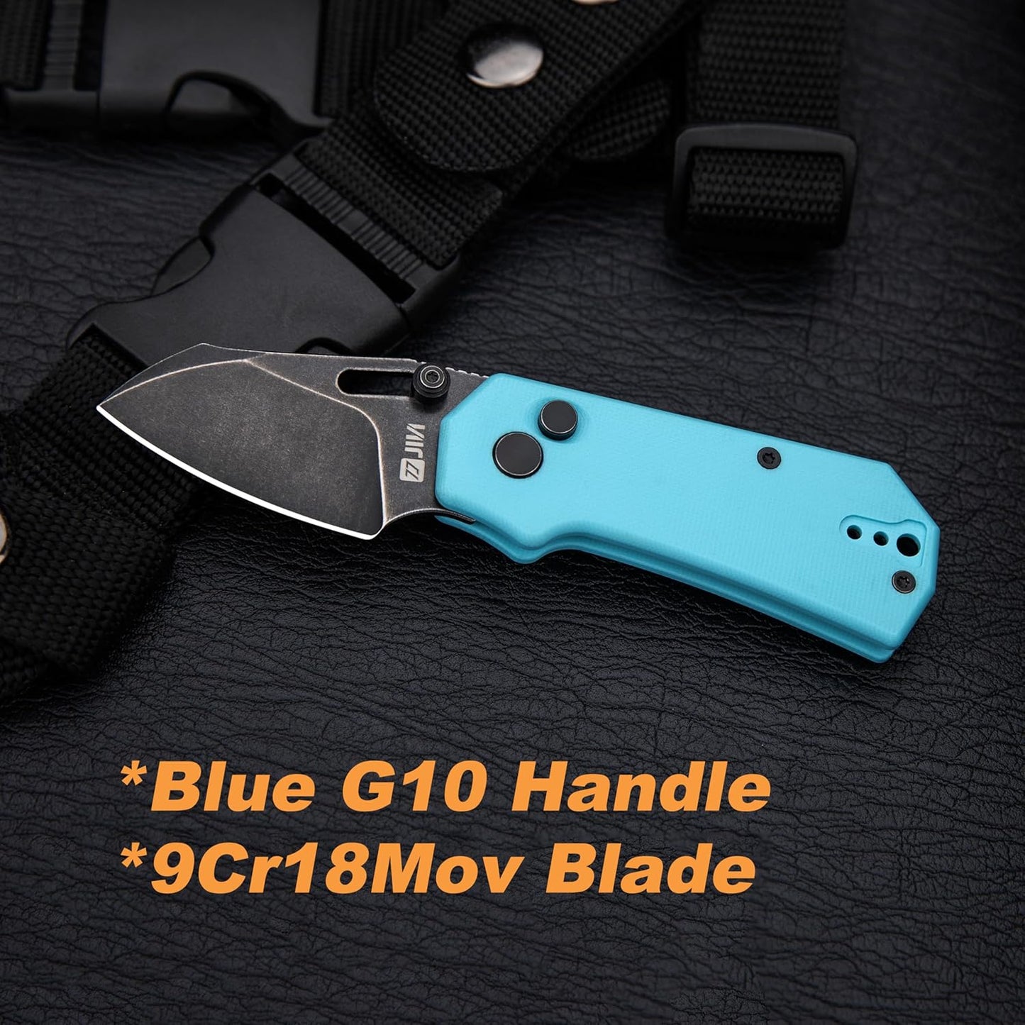 JIN Rhino Pocket Knife, Button Lock Folding EDC Knife Kit, 2" 9Cr18MoV Steel Blade, Stonewash Finish, Blue G10 Handle