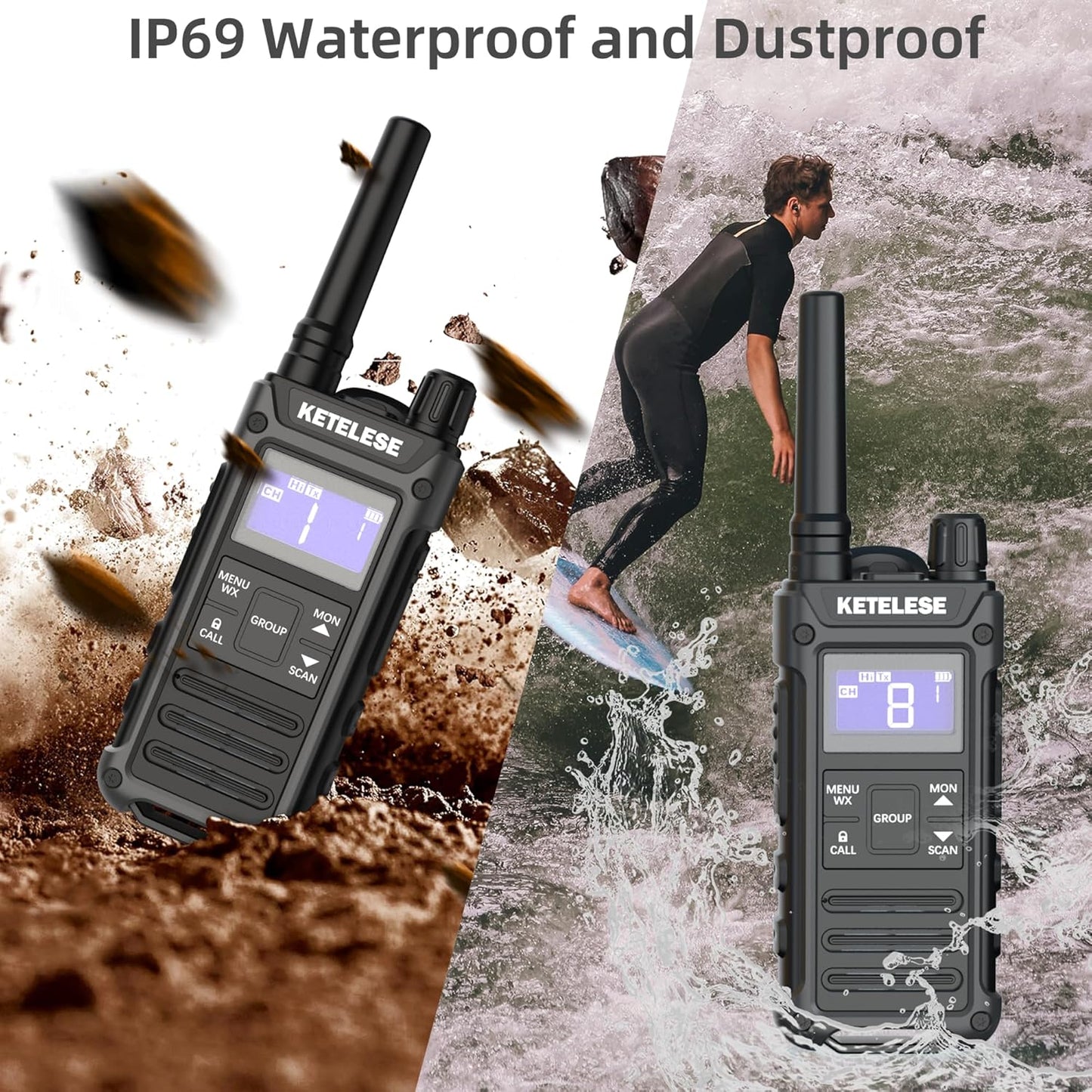 KETELESE T3G IP67 Waterproof Walkie Talkies for Adults, Heavy Duty 2 Way Radios with Earpiece, Three Charging Options, GMRS Radio, USB, NOAA, VOX(2 Pack), Black/Grey