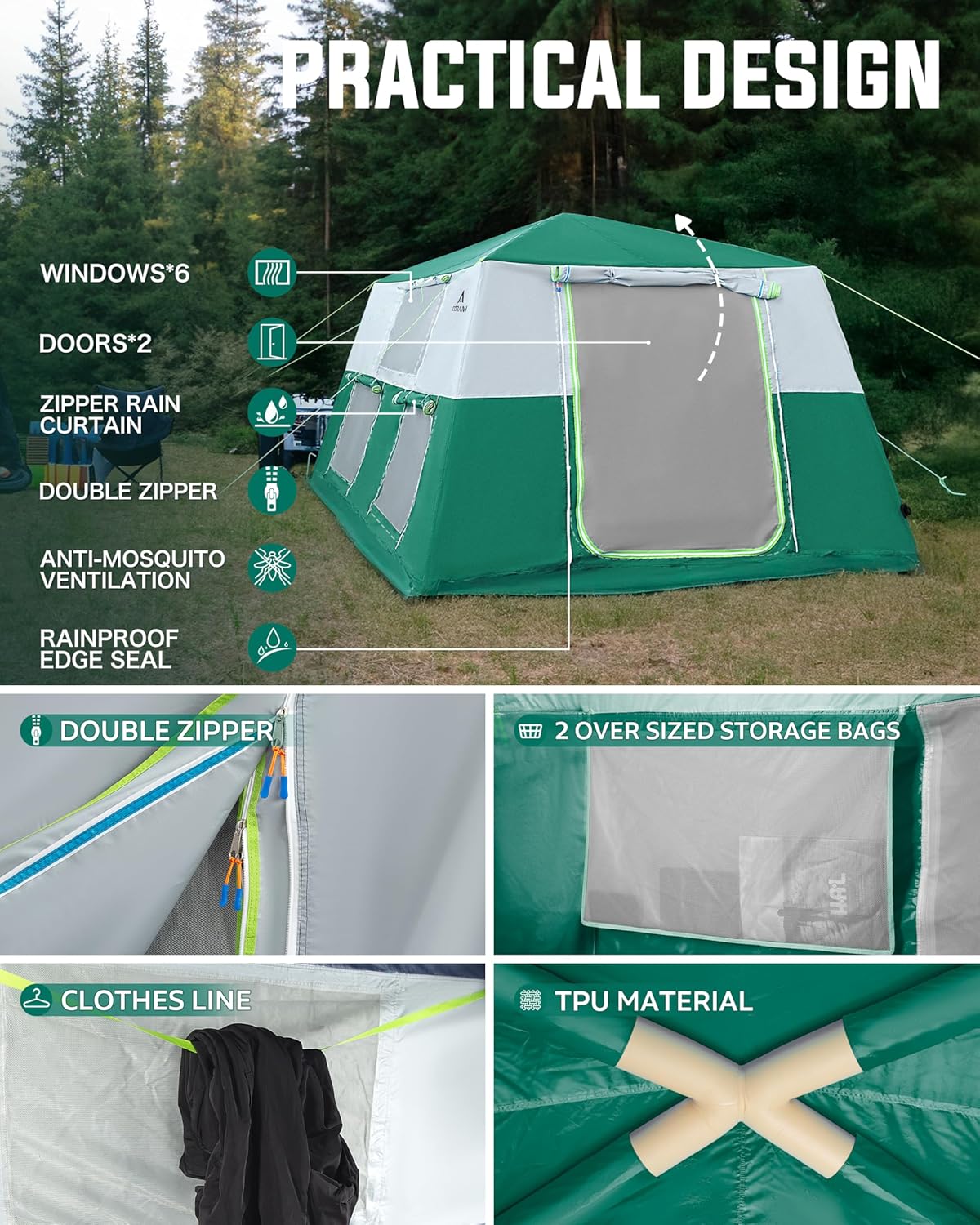 14.1'x6.5'x9' Inflatable Tents for Camping, Portable 6/8/10 Person Blow Up Air Tent, Waterproof Windproof Easy Setup Large Family Tent with 2 Doors, 6 Windows, Mosquito Screen