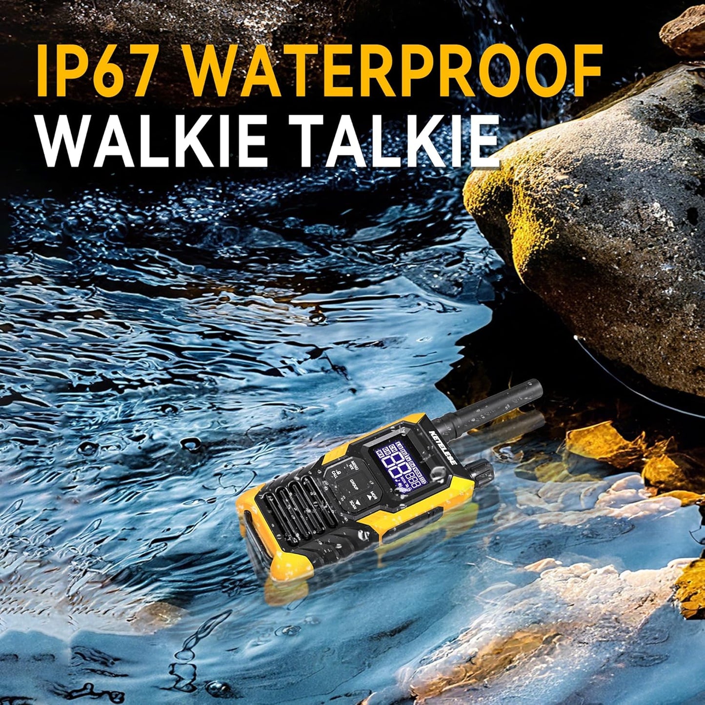 KETELESE T4 Long Range Walkie Talkies, Portable Two Way Radios IP67 Waterproof, with Earpiece, NOAA&Weather Alarm, PTT, Group, VOX, 4Pack, Orange