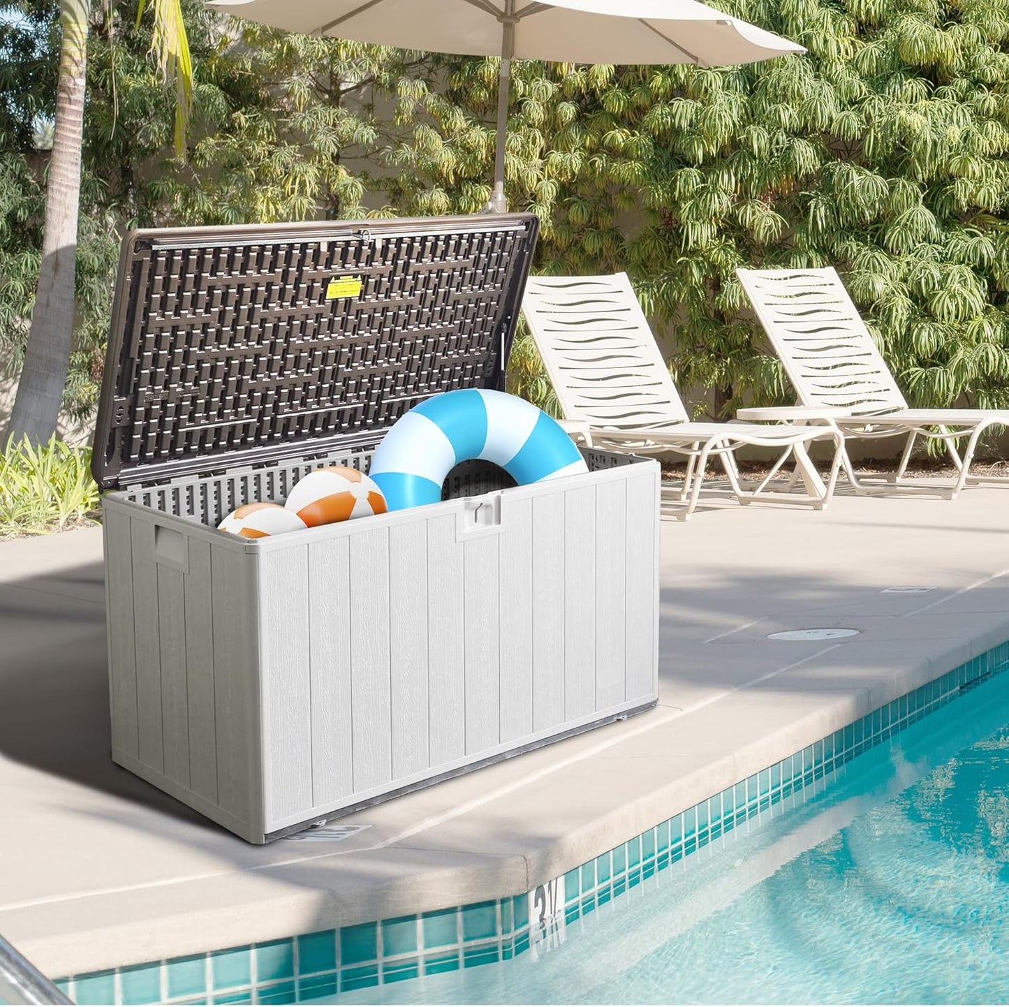 110GAL Brown Blow - Molded Outdoor Deck Box with Lock Hole - Waterproof, SGS - Protected from UV, Robust Storage for Large Garden Tools and Pool Equipment, Effortless Assembly