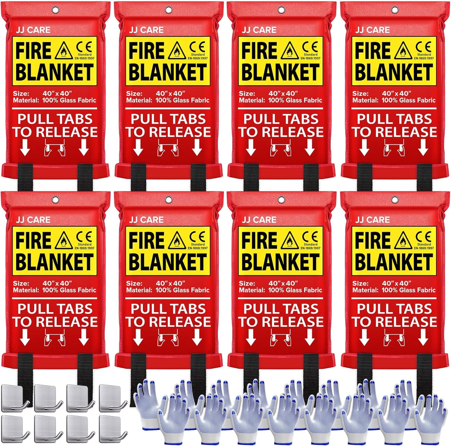 JJ CARE Fire Blanket – 8 Packs with Hooks and Gloves – Emergency Fire Blanket for Home & Kitchen, High Heat Resistant Fire Suppression Blankets for Home Safety, Kitchen, and Camping