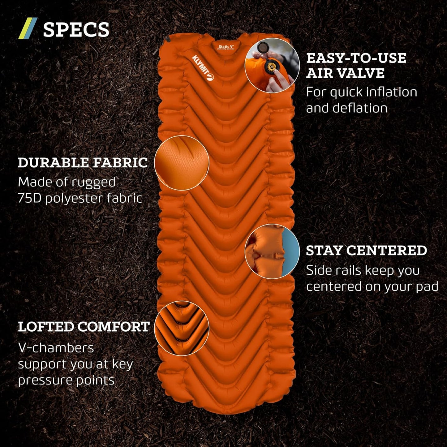 KLYMIT Static V Lightweight Inflatable Sleeping Pad | Comfortable, Lightweight, Easy to Inflate Portable Air Bed Mattress for Camping, Backpacking and Hiking — Orange