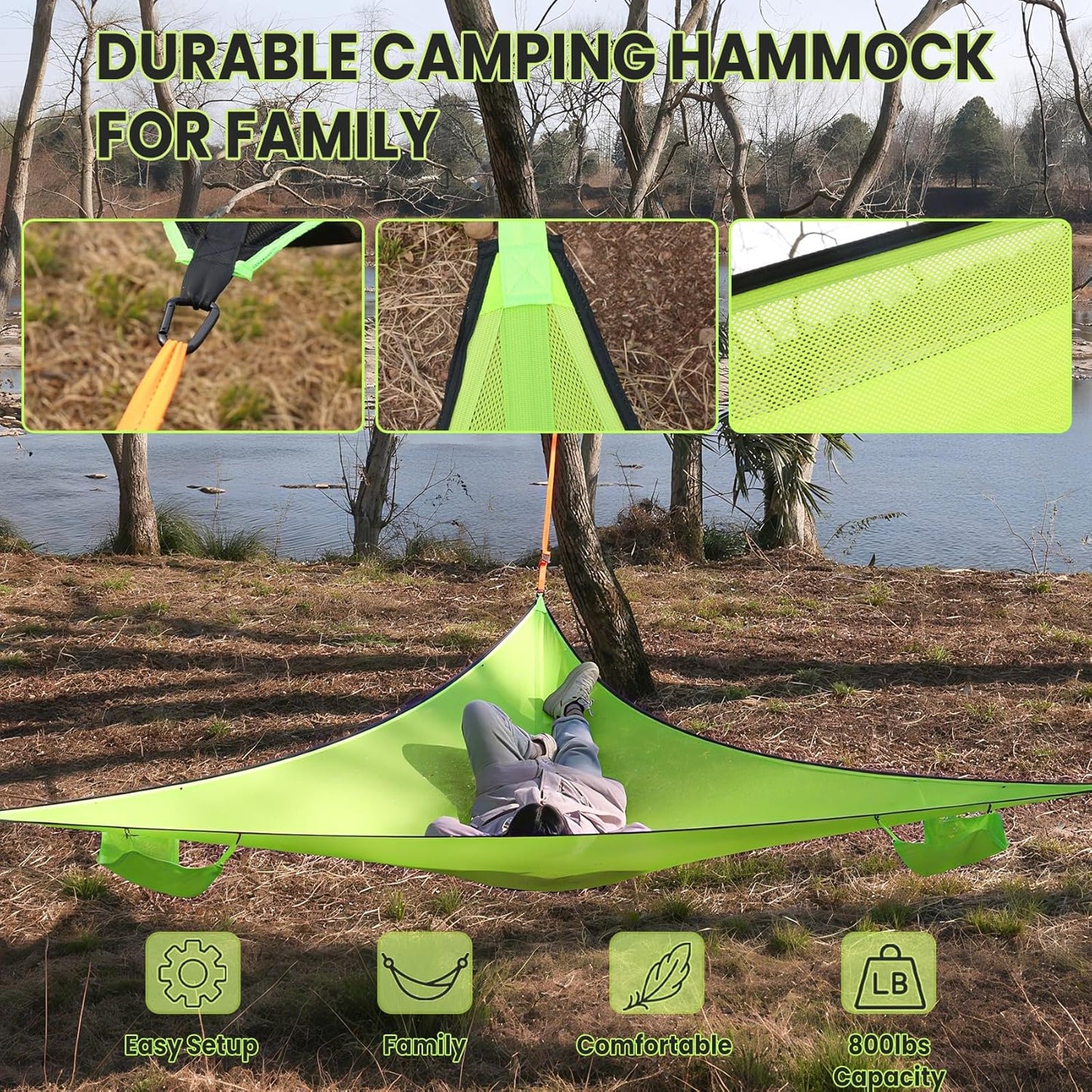 10ft Triangle Hammock Tent for Camping - Extra Large 1101lb Capacity, w/Ratchet Straps & Storage-Green