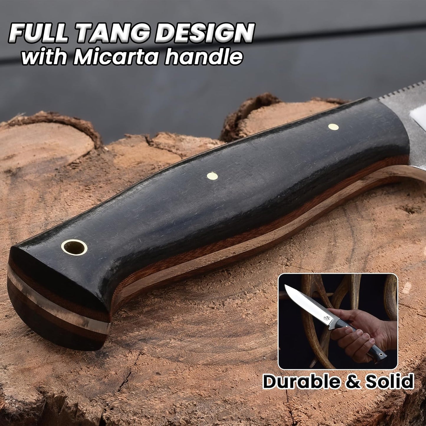 Knives Ranch 10-1/2" Outdoor Knife - 59 Hardness - 440C Stainless Steel - Excellent Edge Retention, Burlap Micarta Handle & Genuine Leather Sheath (3095C-M)