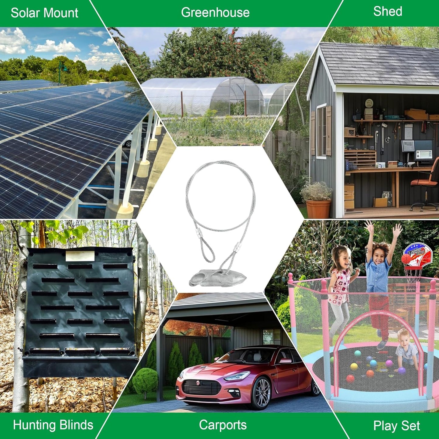 (6 Pack) Drive-In Ground Earth Anchors with 30inch Cable, Earth Anchor Heavy Duty for High Winds, Easy Hook Anchor for Fixing Shed, Carports, Tent, Swing Set, Greenhouse, Gazebo. (30inch - 6pcs)