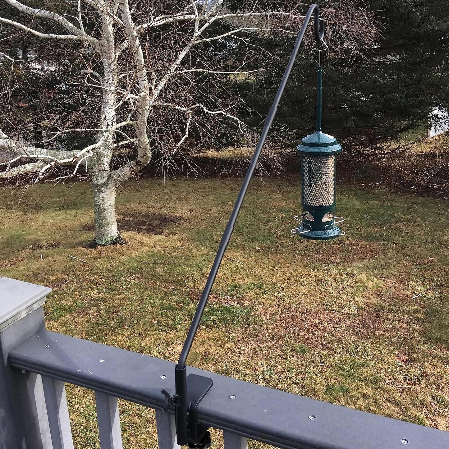 Juegoal Heavy Duty Deck Hook with 2 Inch Non Slip Clamp, 25 to 36 Inch Extended Reach Deck Hook, Adjustable Rail Pole Plant Bracket for Hanging Bird Feeder, Plants, Suet Baskets, Lanterns, Wind Chimes